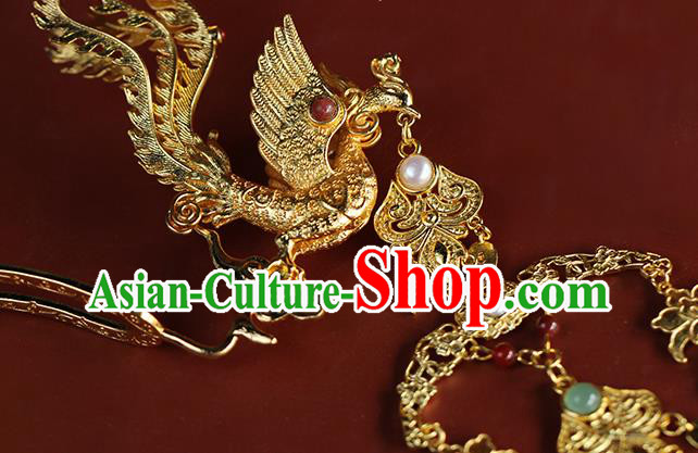 China Ancient Empress Golden Phoenix Hairpin Traditional Ming Dynasty Court Woman Hair Accessories