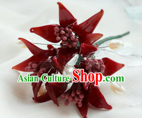 China Classical Hanfu Red Spider Lily Hairpin Traditional Ming Dynasty Flowers Hair Stick