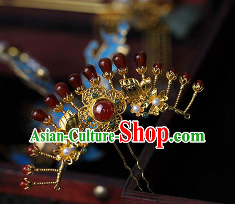 China Ancient Empress Pearls Golden Hairpin Traditional Ming Dynasty Court Queen Agate Hair Stick