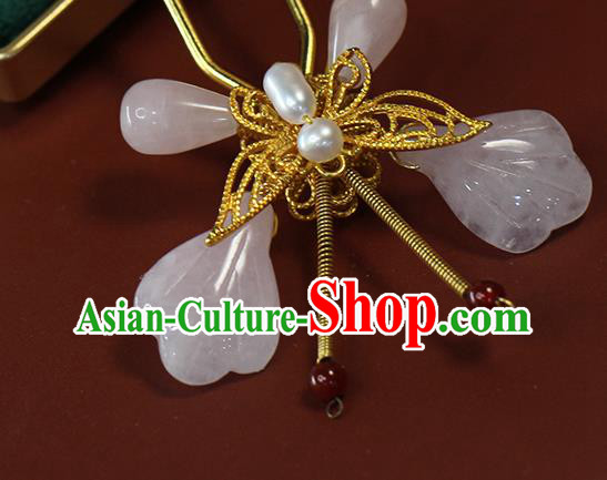 China Ancient Palace Lady Rose Quartz Butterfly Hairpin Traditional Ming Dynasty Pearl Hair Stick