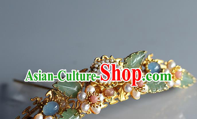 China Ancient Empress Golden Hairpin Traditional Ming Dynasty Court Queen Pearls Plum Hair Crown