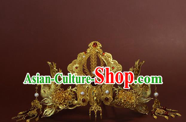 China Ancient Empress Hairpin Traditional Ming Dynasty Wedding Golden Phoenix Hair Crown