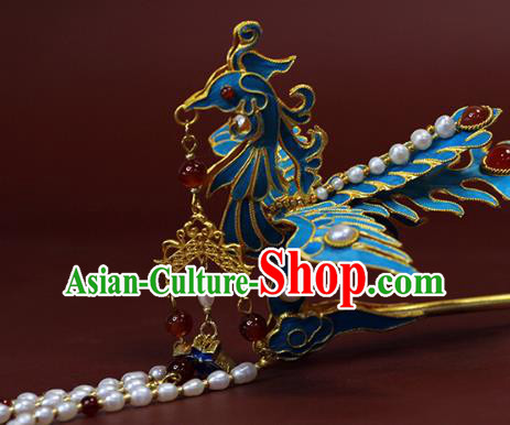 China Ancient Empress Pearls Phoenix Hairpin Traditional Qing Dynasty Tassel Hair Stick