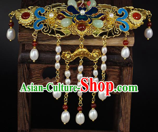 China Ancient Empress Pearls Tassel Hairpin Traditional Qing Dynasty Court Blueing Peony Hair Crown