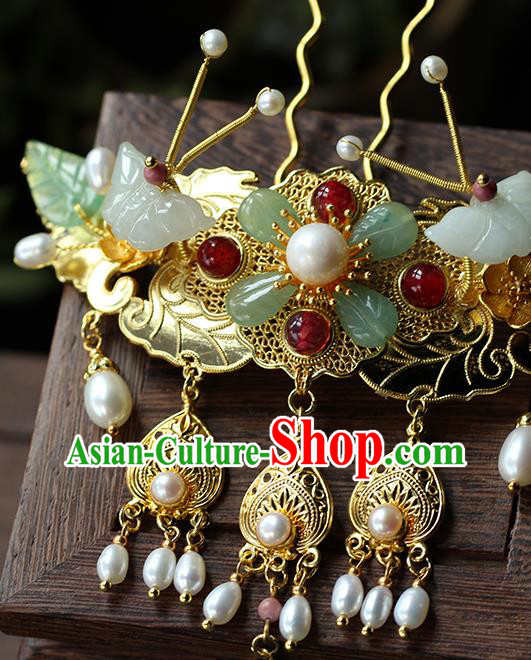 China Ancient Empress Golden Hairpin Traditional Qing Dynasty Court Jade Butterfly Hair Crown