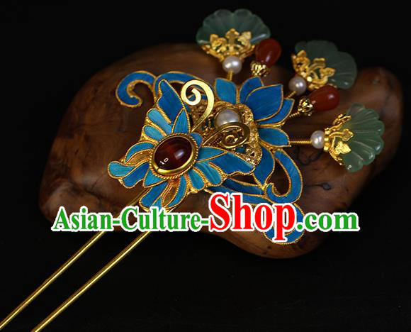 China Traditional Qing Dynasty Agate Butterfly Hair Stick Ancient Empress Pearls Hairpin