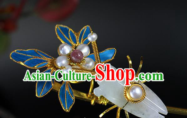China Traditional Qing Dynasty Jade Cicada Hair Stick Ancient Empress Pearls Orchid Hairpin