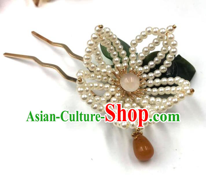 China Traditional Hanfu Ceregat Hair Accessories Ming Dynasty Hairpin Ancient Princess Beads Lotus Hair Stick