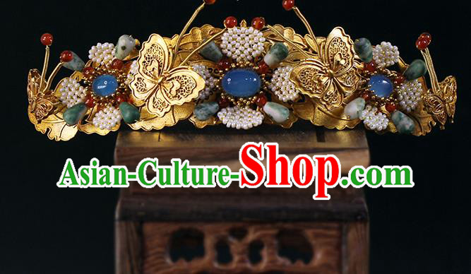 China Traditional Ming Dynasty Golden Butterfly Hair Crown Ancient Empress Gems Hairpin