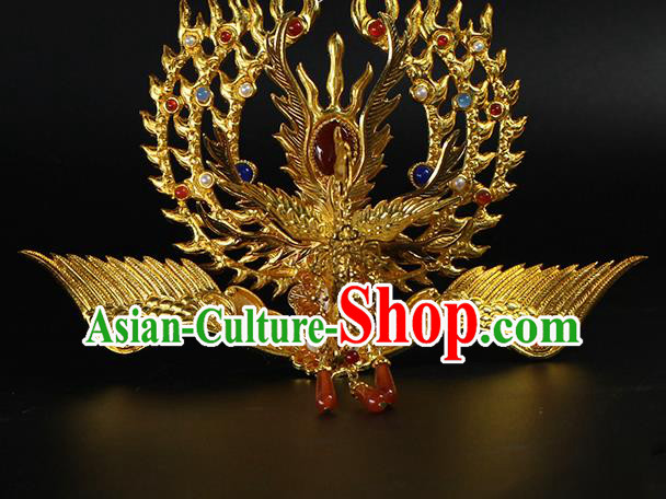 China Traditional Ming Dynasty Gems Hair Crown Ancient Empress Golden Phoenix Hairpin