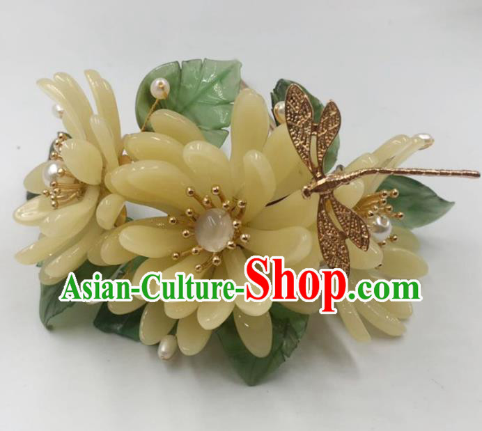 China Ancient Princess Yellow Chrysanthemum Hair Stick Traditional Hanfu Hair Accessories Ming Dynasty Dragonfly Hairpin