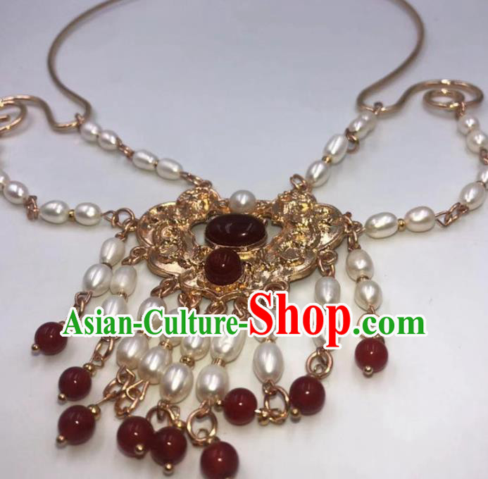 Chinese Traditional Ming Dynasty Pearls Tassel Necklace Classical Agate Accessories