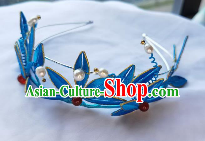 China Ming Dynasty Hairpin Traditional Hanfu Hair Accessories Ancient Princess Blue Silk Bamboo Leaf Hair Crown
