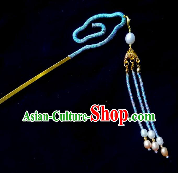 China Ming Dynasty Pearls Tassel Hairpin Traditional Hanfu Hair Accessories Ancient Princess Blue Cloud Hair Stick