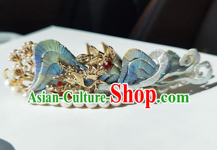 China Ming Dynasty Blue Silk Hairpin Traditional Hanfu Hair Accessories Ancient Princess Pearls Hair Crown