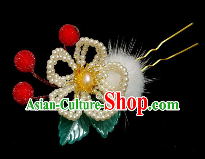 China Ming Dynasty Red Berry Hairpin Traditional Hanfu Hair Accessories Ancient Princess Pearls Plum Hair Stick