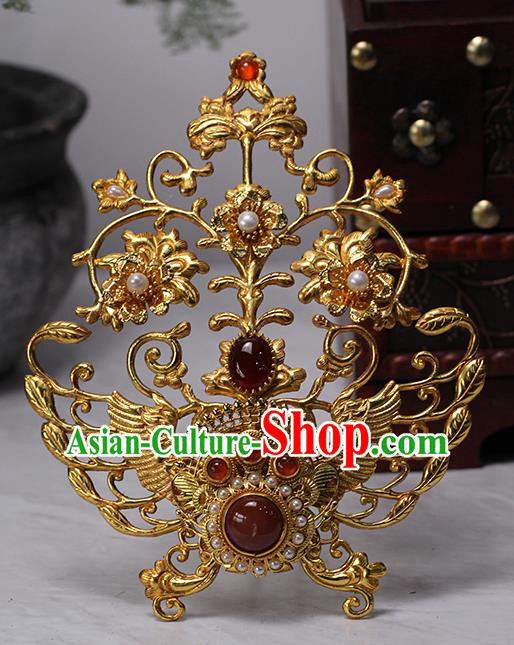 China Ancient Empress Golden Phoenix Hairpin Traditional Ming Dynasty Queen Agate Pearls Hair Crown