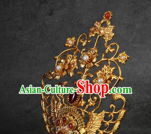 China Ancient Empress Golden Phoenix Hairpin Traditional Ming Dynasty Queen Agate Pearls Hair Crown