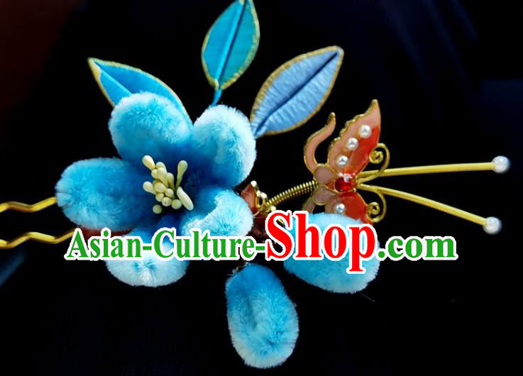 China Ming Dynasty Blue Velvet Plum Hairpin Traditional Hanfu Hair Accessories Ancient Princess Butterfly Hair Stick