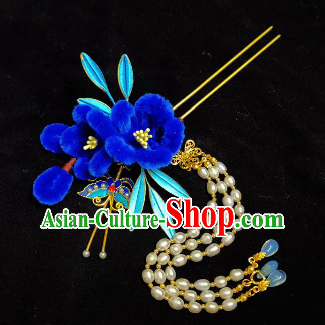 China Ming Dynasty Pearls Tassel Hairpin Traditional Hanfu Hair Accessories Ancient Princess Blue Velvet Plum Hair Stick