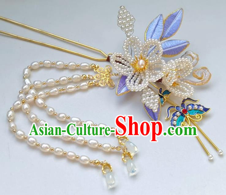 China Ming Dynasty Blueing Butterfly Hairpin Traditional Hanfu Hair Accessories Ancient Princess Pearls Tassel Hair Stick