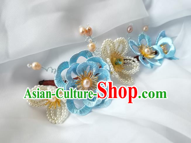China Ming Dynasty Pearls Hairpin Traditional Hanfu Hair Accessories Ancient Princess Blue Silk Flowers Hair Stick