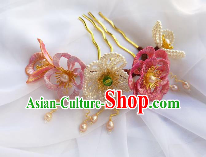 China Ming Dynasty Beads Plum Hairpin Traditional Hanfu Hair Accessories Ancient Princess Silk Flowers Hair Comb