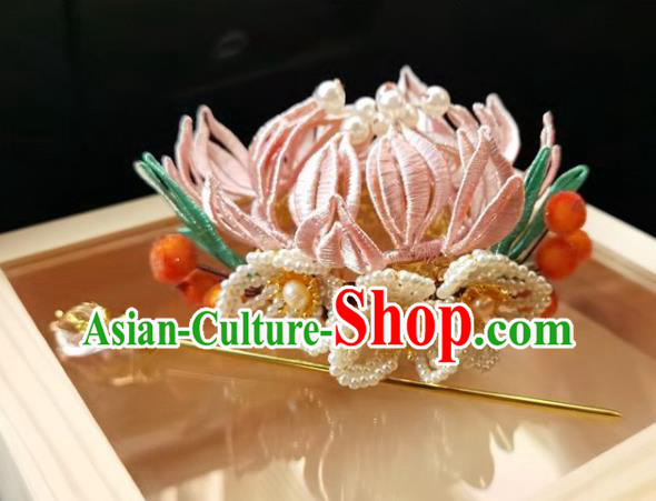 China Ming Dynasty Hairpin Traditional Hanfu Hair Accessories Ancient Princess Pink Silk Lotus Hair Crown