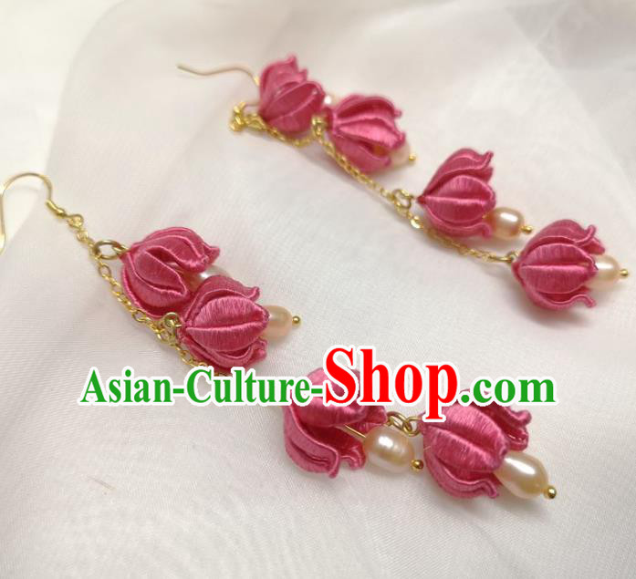 Handmade China Ancient Hanfu Rosy Silk Flowers Ear Accessories Ming Dynasty Princess Pearls Earrings