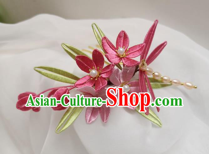 China Ming Dynasty Rosy Silk Flowers Hairpin Traditional Hanfu Hair Accessories Ancient Princess Pearls Dragonfly Hair Stick