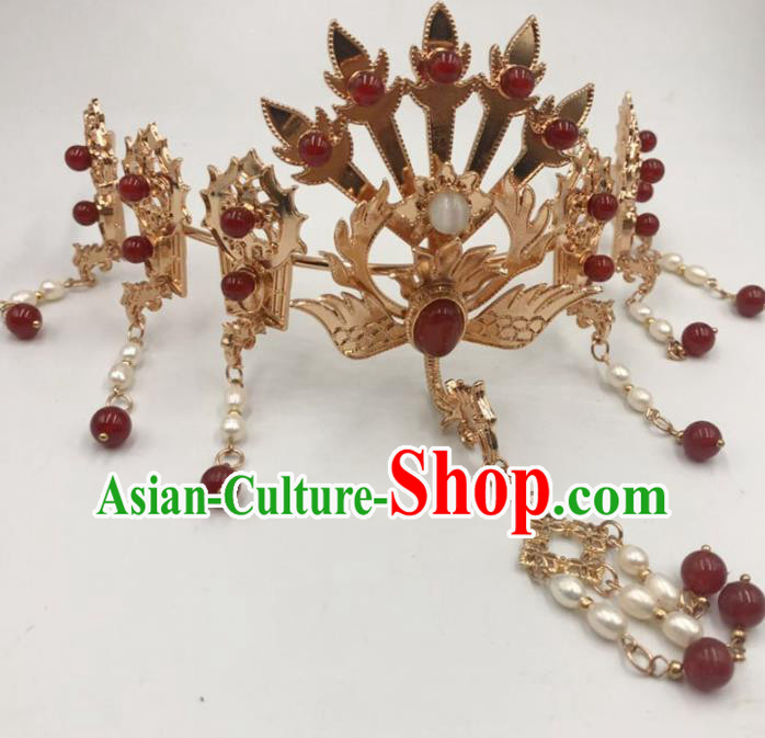 China Ancient Princess Golden Phoenix Hair Crown Traditional Hanfu Hair Accessories Ming Dynasty Tassel Hairpin