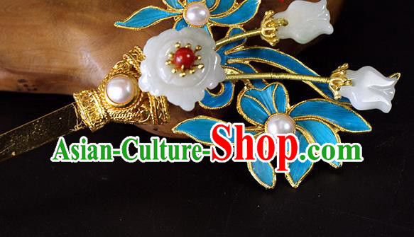 China Ancient Queen Orchids Hairpin Traditional Qing Dynasty Palace Jade Plum Pearl Hair Stick