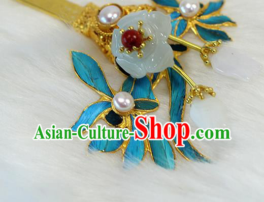 China Ancient Queen Orchids Hairpin Traditional Qing Dynasty Palace Jade Plum Pearl Hair Stick