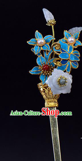 China Traditional Qing Dynasty Palace Jade Plum Hair Stick Ancient Queen Pearls Orchids Hairpin