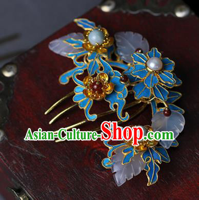 China Traditional Qing Dynasty Golden Plum Hairpin Ancient Queen Jade Leaf Hair Comb