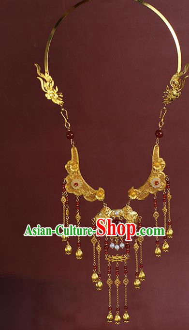 Chinese Traditional Wedding Agate Beads Necklace Ancient Princess Golden Tassel Necklet Accessories