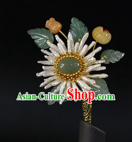 China Traditional Qing Dynasty Pearls Chrysanthemum Hairpin Ancient Queen Ceregat Hair Stick