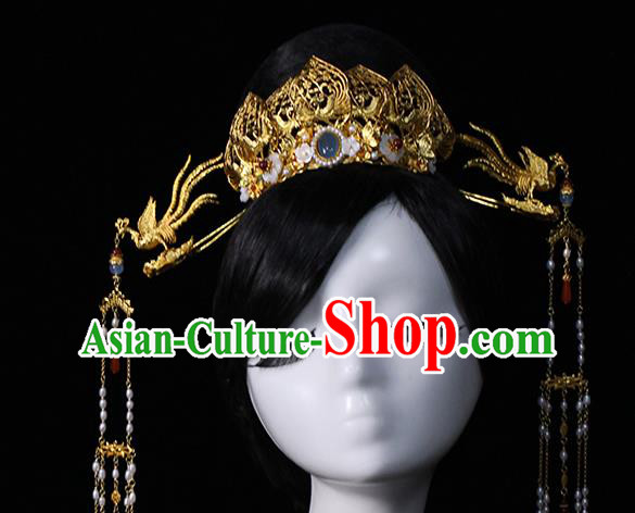 China Traditional Wedding Golden Lotus Hair Crown and Phoenix Hairpins Ancient Queen Hair Accessories