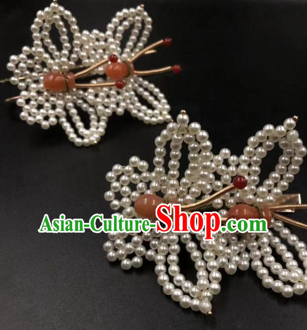 China Ancient Princess Hair Accessories Traditional Qing Dynasty Court Pearls Butterfly Hair Sticks