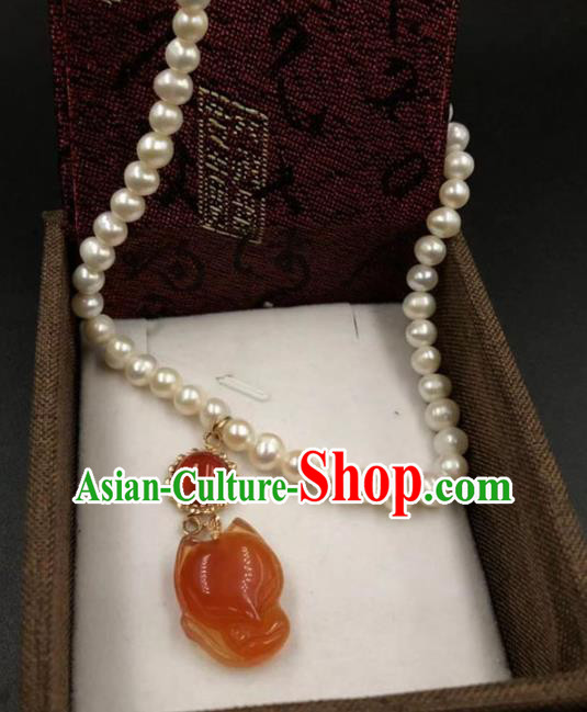Chinese Traditional Agate Fox Necklace Classical Cheongsam Pearls Accessories