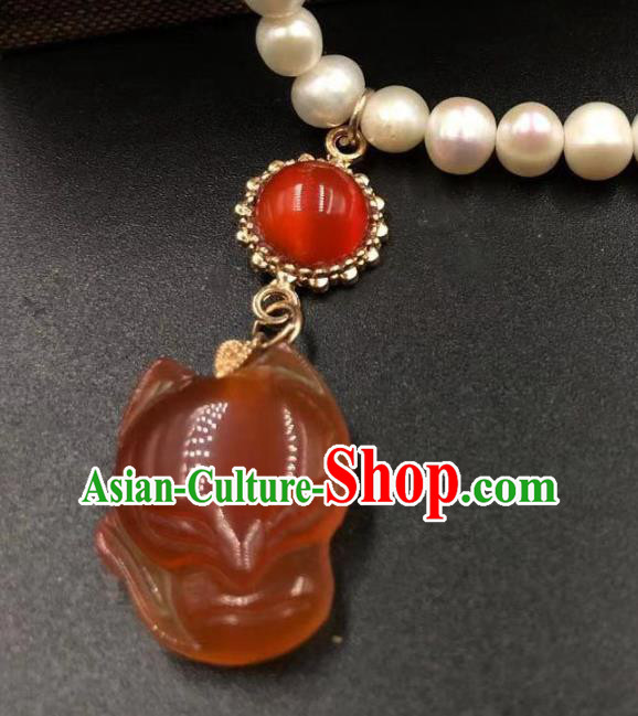Chinese Traditional Agate Fox Necklace Classical Cheongsam Pearls Accessories