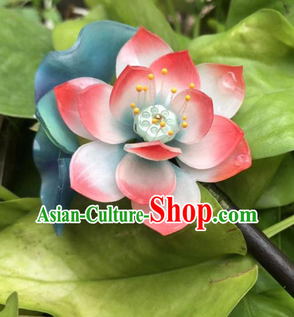 China Ancient Palace Lady Pink Lotus Hairpin Traditional Qing Dynasty Court Ebony Hair Stick
