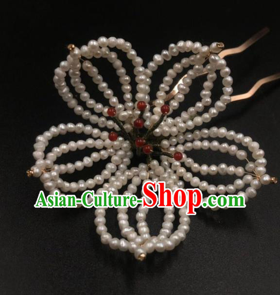 China Ancient Princess Pearls Lotus Hairpin Traditional Ming Dynasty Palace Hanfu Hair Stick