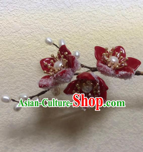 China Ancient Princess Red Plum Blossom Hairpin Traditional Ming Dynasty Pearls Hair Stick
