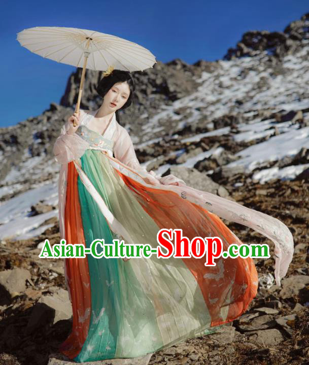 China Ancient Young Beauty Embroidered Hanfu Dress Traditional Tang Dynasty Palace Lady Historical Clothing