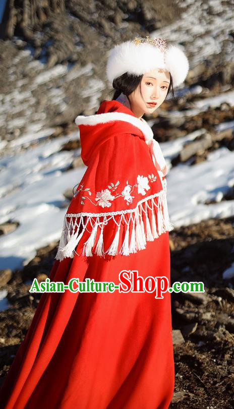 China Traditional Hanfu Red Wool Cloak Ancient Ming Dynasty Imperial Consort Historical Clothing