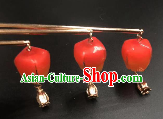 China Ancient Princess Red Lantern Hairpin Traditional Hanfu Hair Stick