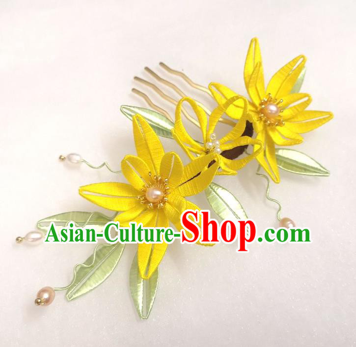 China Ming Dynasty Yellow Silk Flowers Hairpin Ancient Princess Pearls Hair Comb Traditional Hanfu Hair Accessories
