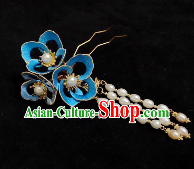 China Ming Dynasty Pearls Tassel Hairpin Traditional Hanfu Hair Accessories Ancient Princess Blue Silk Flower Hair Stick