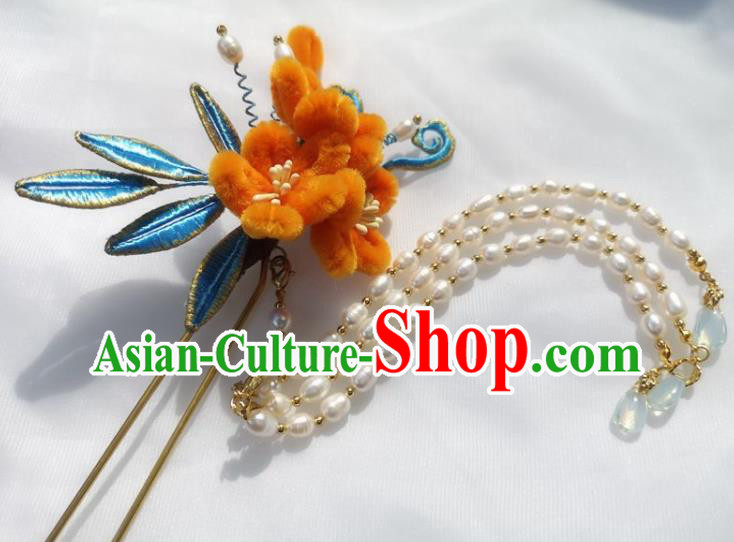 China Ming Dynasty Orange Velvet Plum Hairpin Traditional Hanfu Hair Accessories Ancient Princess Pearls Tassel Hair Stick